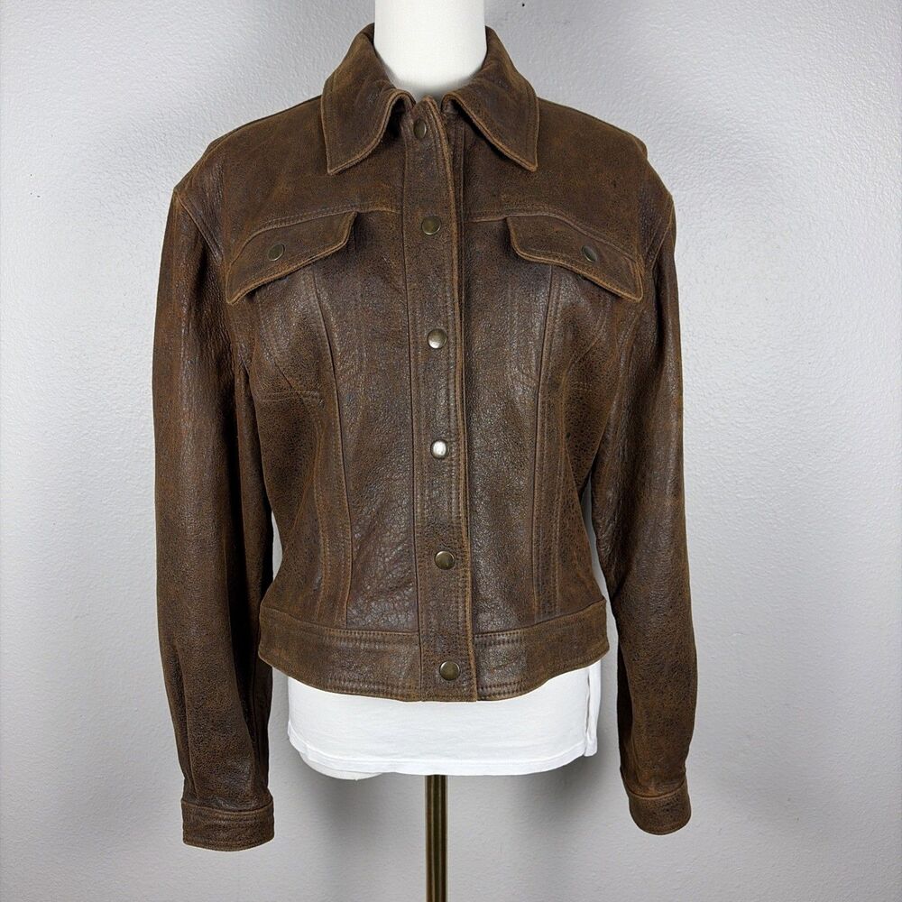 Vintage Vakko Womens Trucker Style Leather Jacket Small Brown Casual Cool Girl